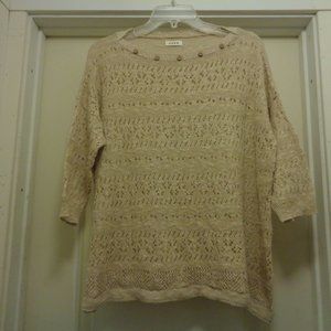 GREEK VACATION STY BEIGE MACHINE OPEN CROCHET DESIGNS W TINY BUTTONS ON NECK B…